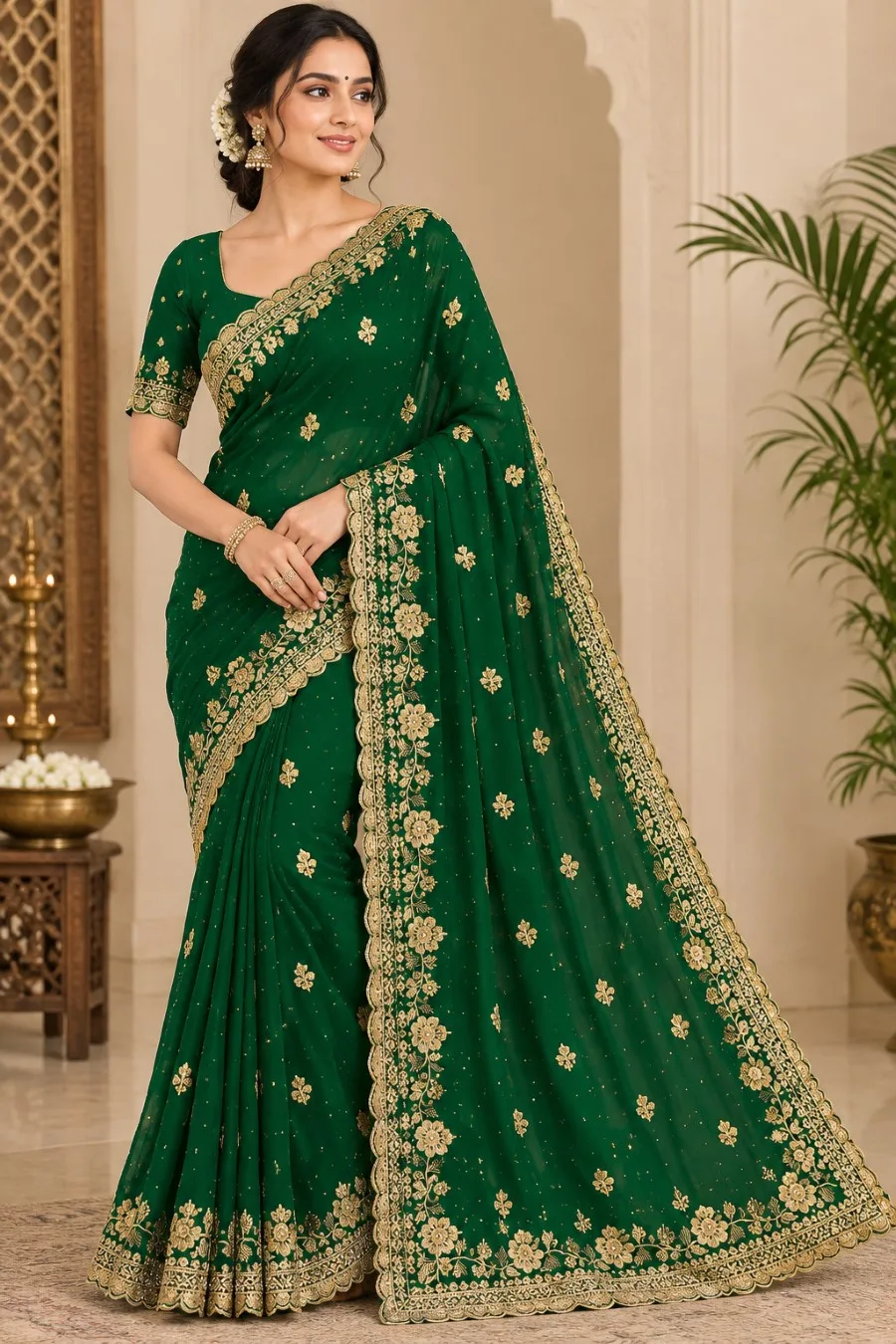 Designer Georgette Saree with Zari Embroidery - Green