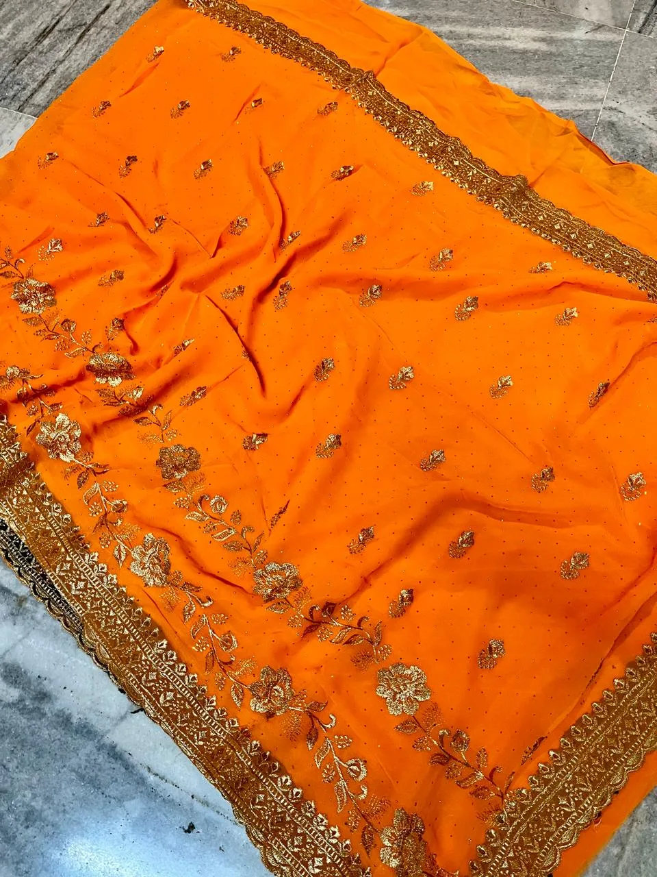 Designer Georgette Saree with Zari Embroidery - Orange