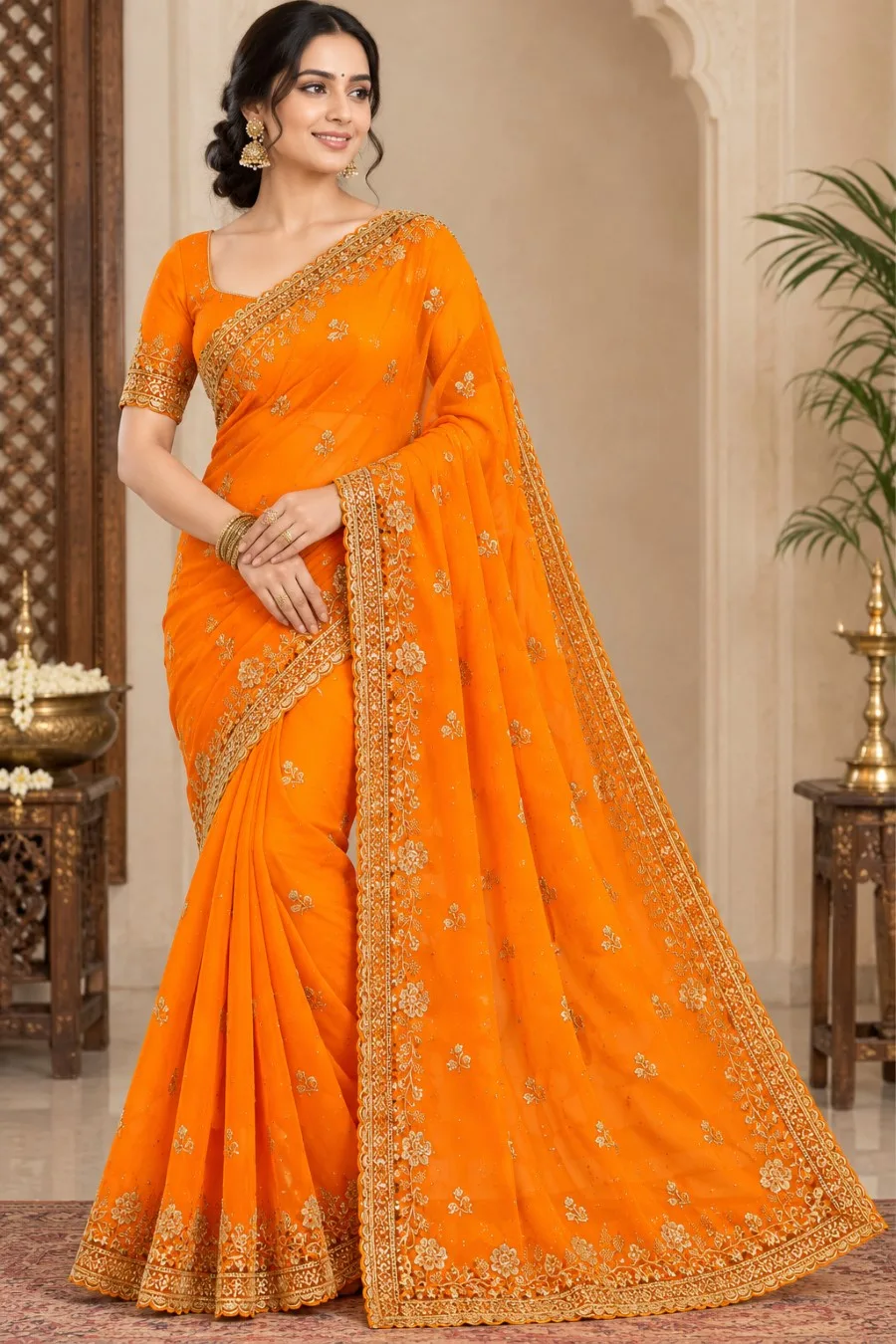 Designer Georgette Saree with Zari Embroidery - Orange