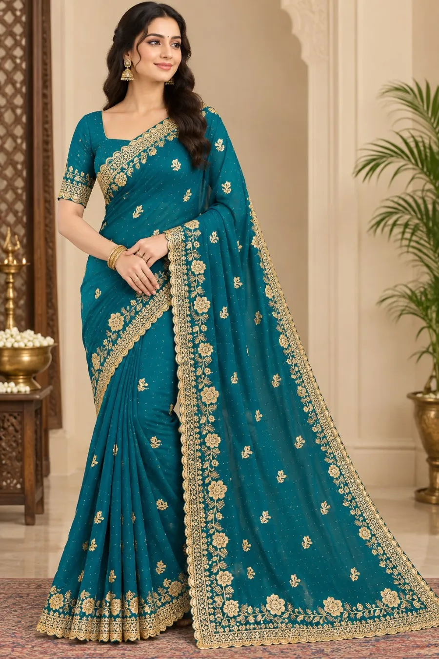 Designer Georgette Saree with Zari Embroidery - Ocean Blue