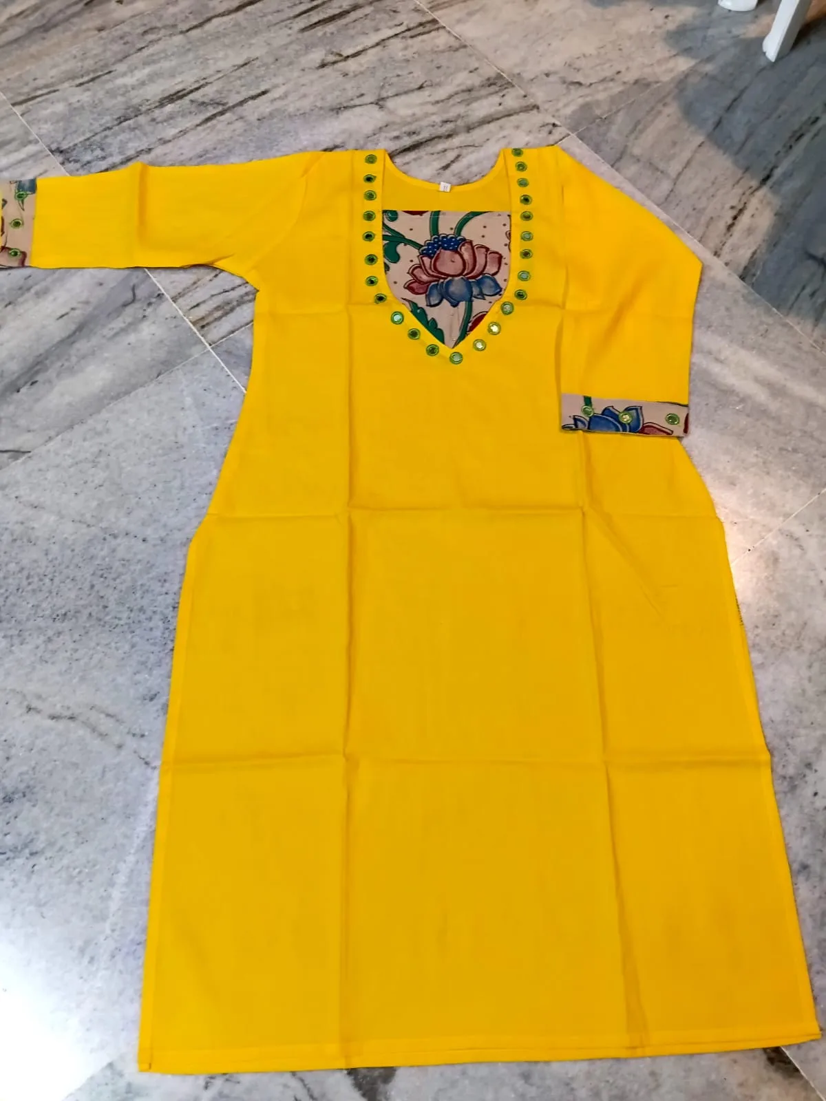 Pen Kalamkari Cotton Kurti – Ethnic Elegance - Yellow