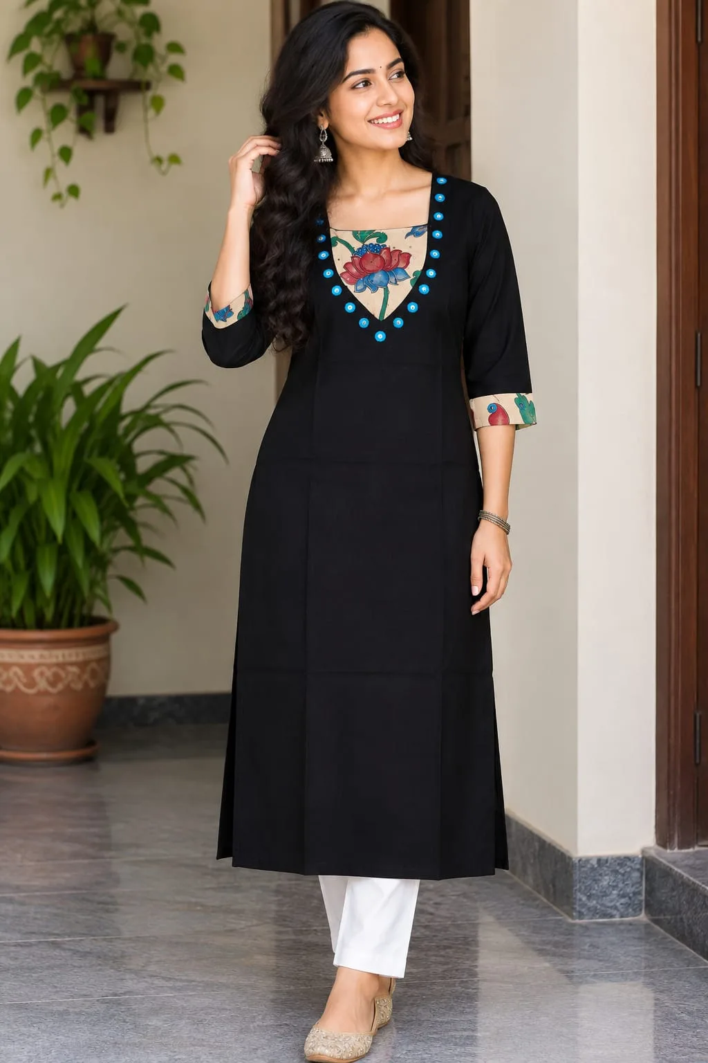Pen Kalamkari Cotton Kurti – Ethnic Elegance - Black