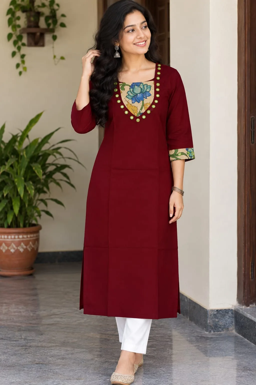 Pen Kalamkari Cotton Kurti – Ethnic Elegance - Maroon