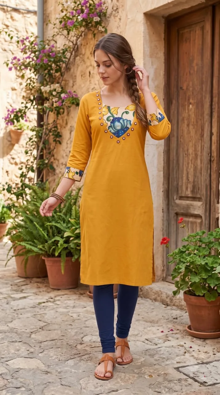 Pen Kalamkari Cotton Kurti – Ethnic Elegance - Beige