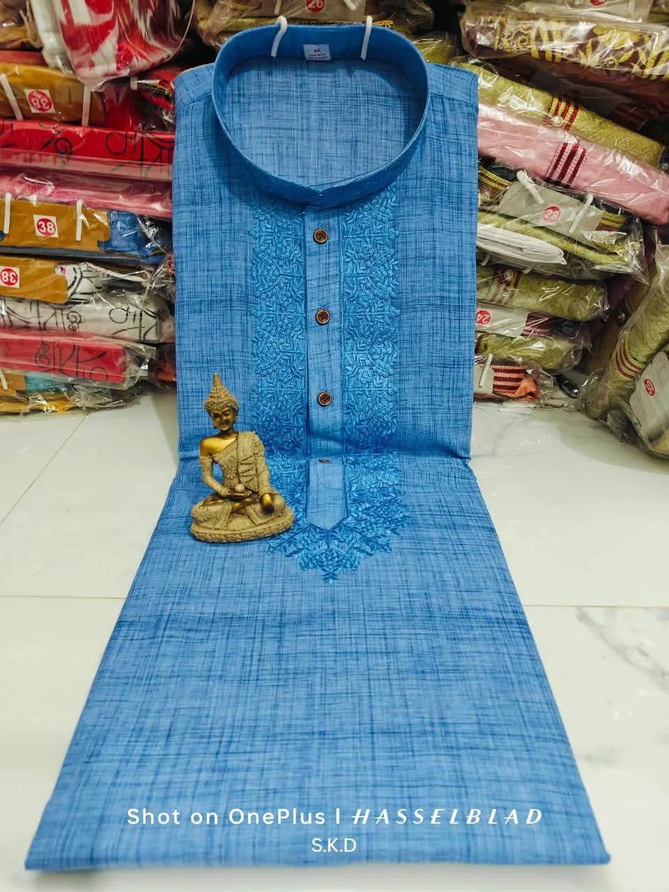 Pure Khadi Cotton Punjabi – Elegant Self-Embroidery Work - Blue