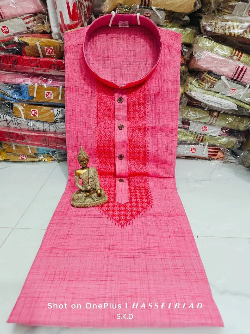 Pure Khadi Cotton Punjabi – Elegant Self-Embroidery Work - Red