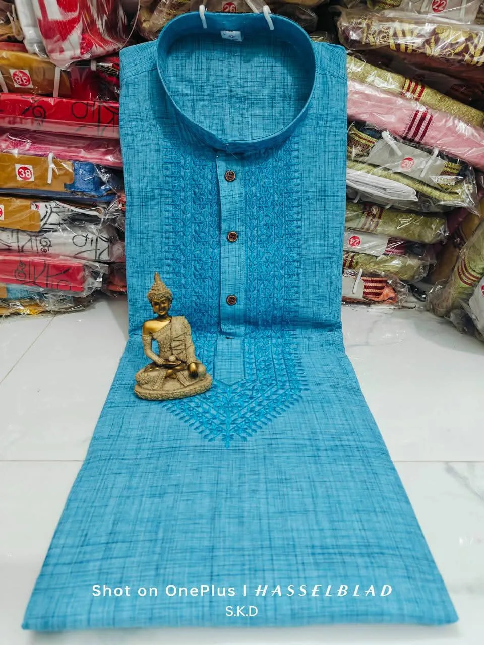 Pure Khadi Cotton Punjabi – Elegant Self-Embroidery Work - Sky