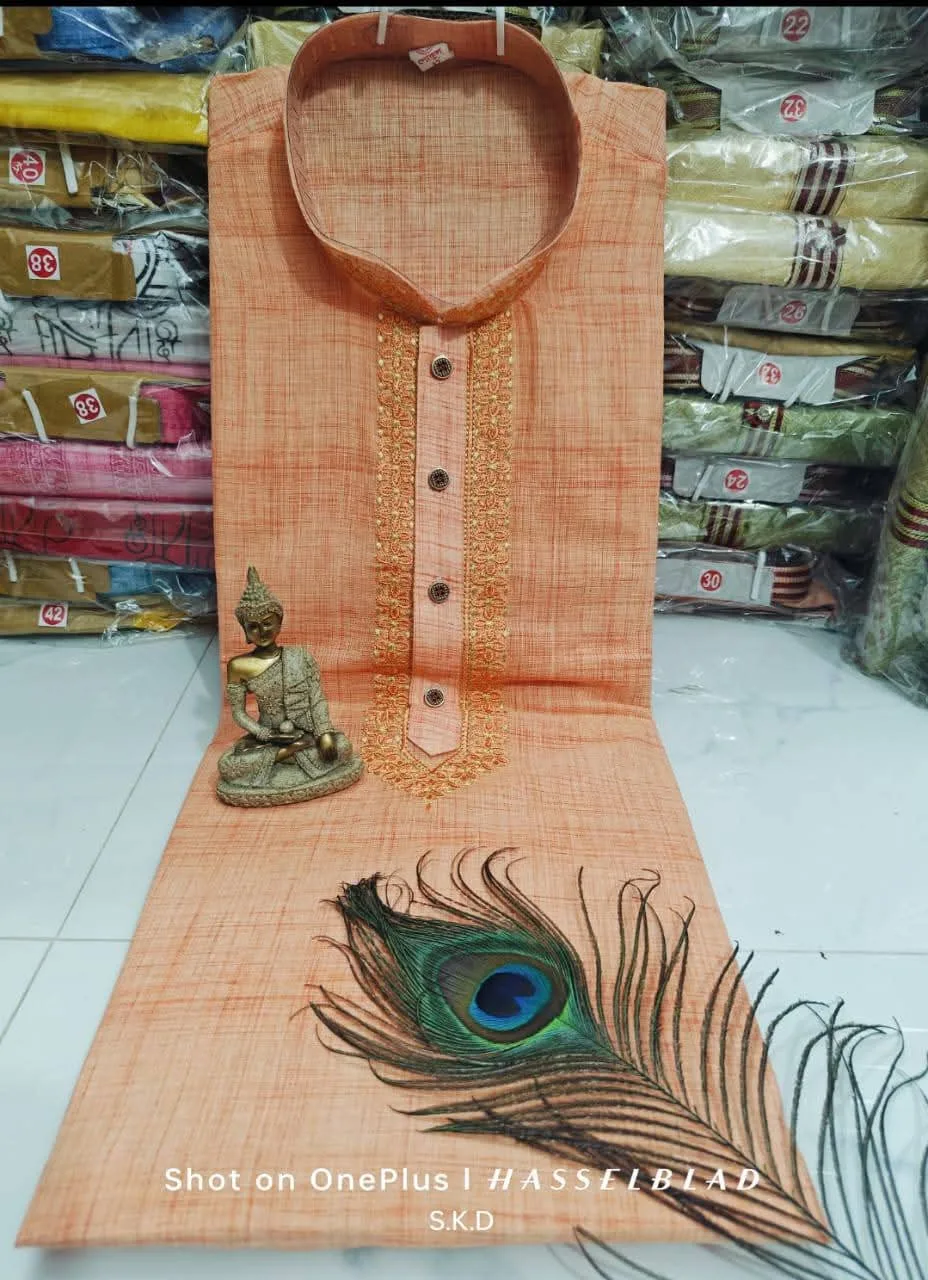 Pure Khadi Cotton Punjabi – Elegant Self-Embroidery Work - Orange
