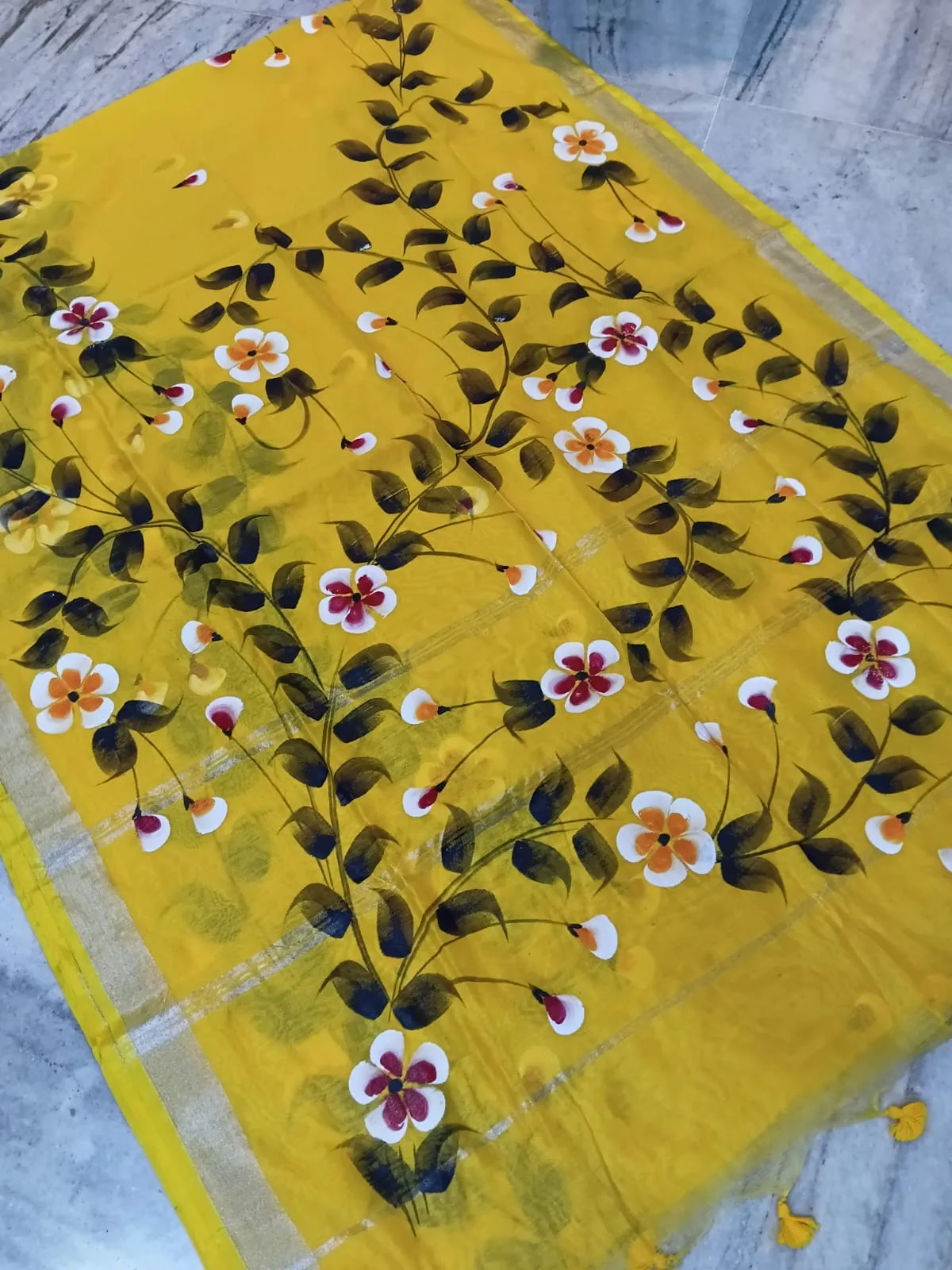 Hand-Painted Handloom Saree – Traditional Festive Elegance - Yellow