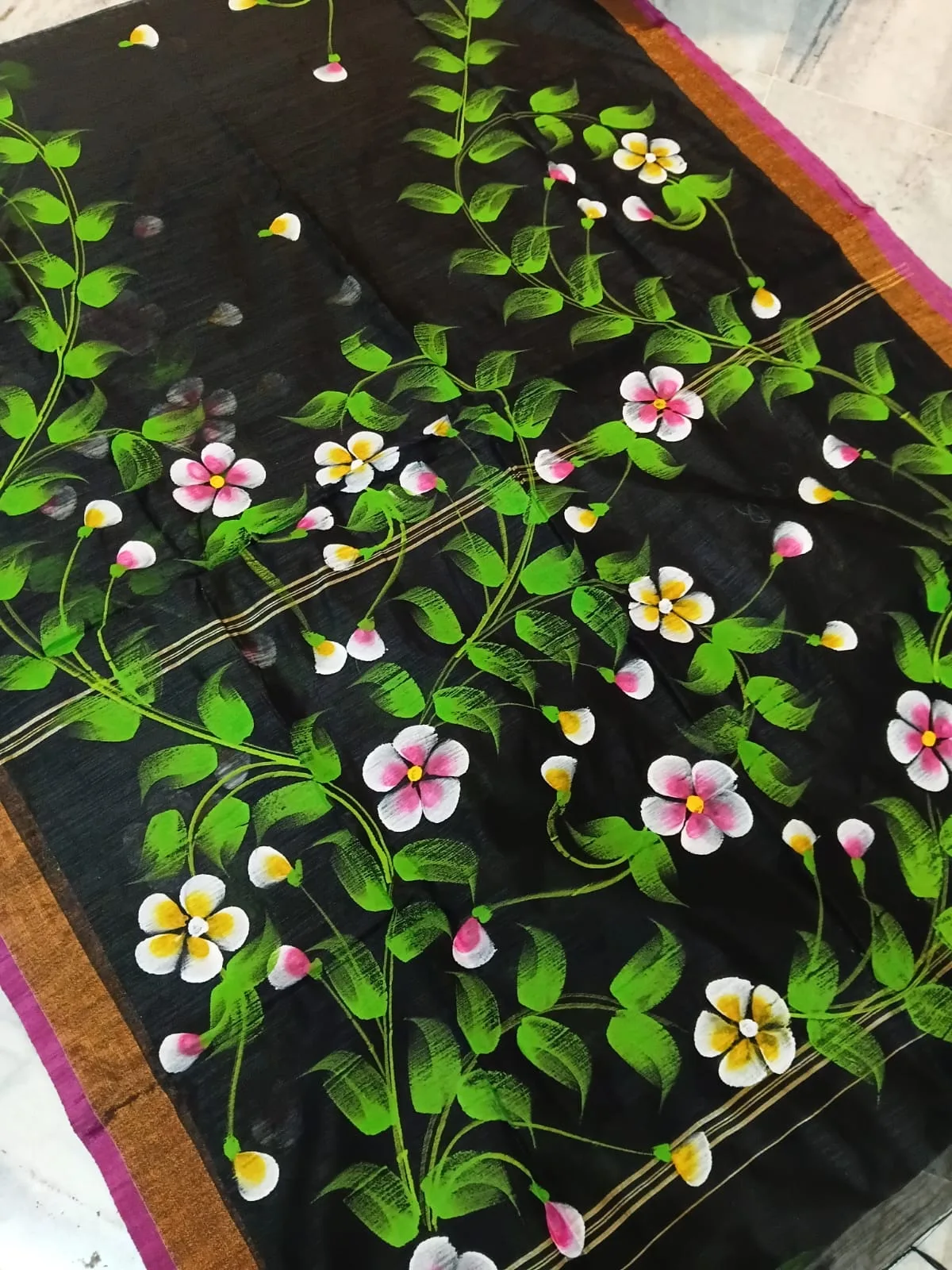 Hand-Painted Handloom Saree – Traditional Festive Elegance - Black