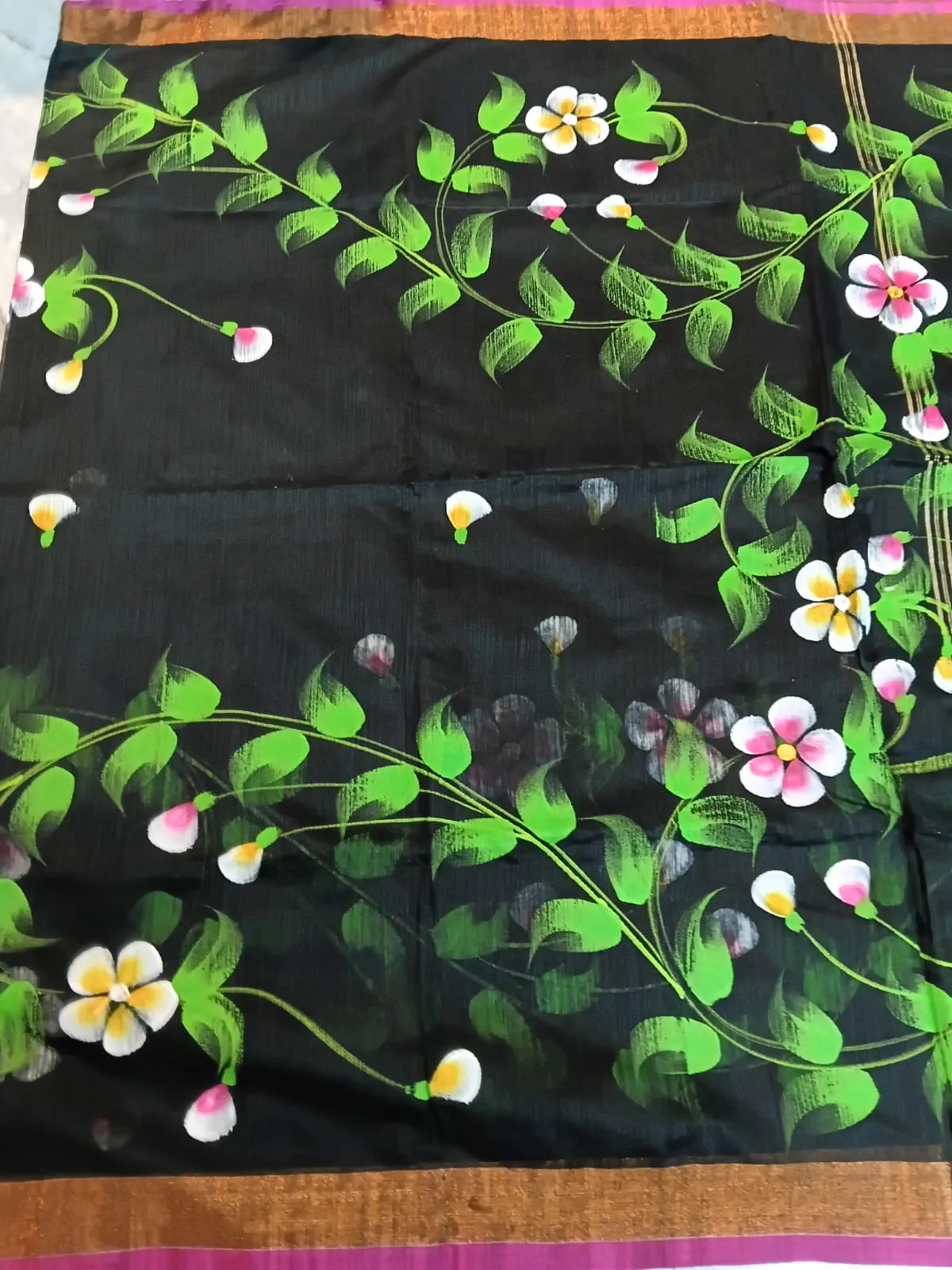 Hand-Painted Handloom Saree – Traditional Festive Elegance - Black