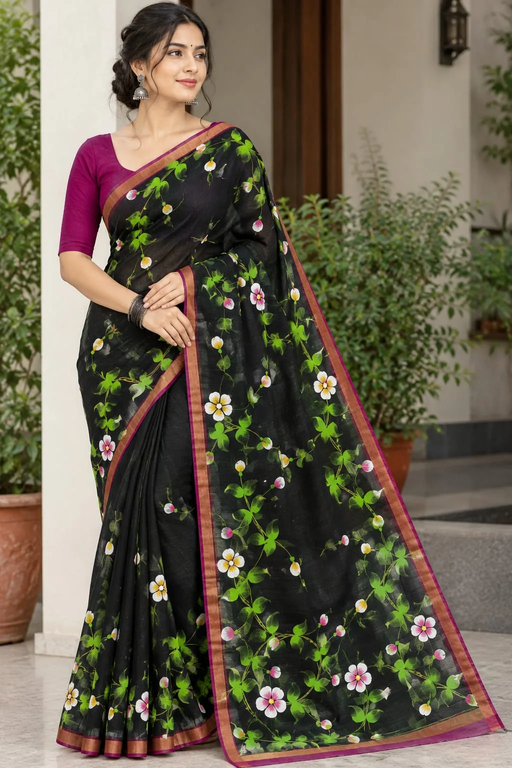Hand-Painted Handloom Saree – Traditional Festive Elegance - Black