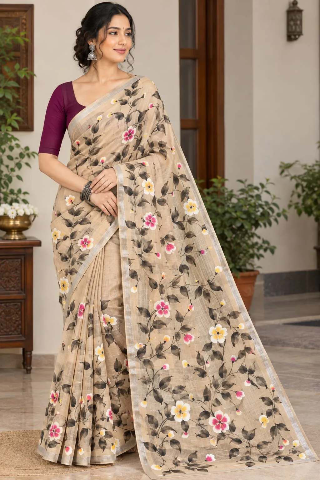 Hand-Painted Handloom Saree – Traditional Festive Elegance - Beige