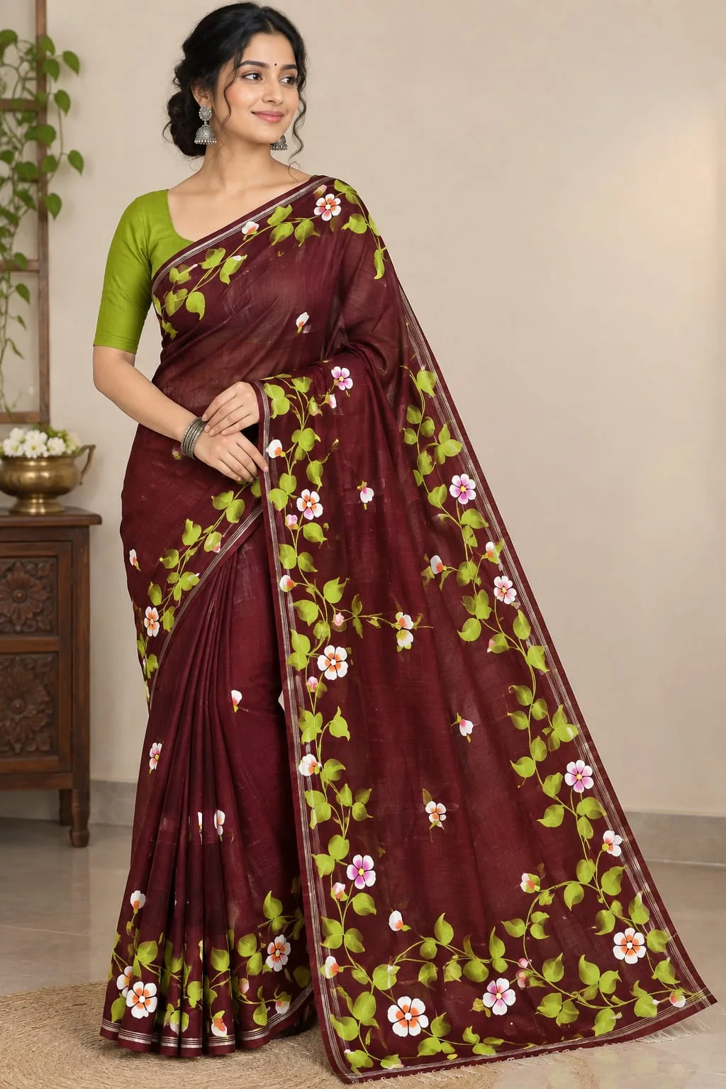 Hand-Painted Handloom Saree – Traditional Festive Elegance - Maroon