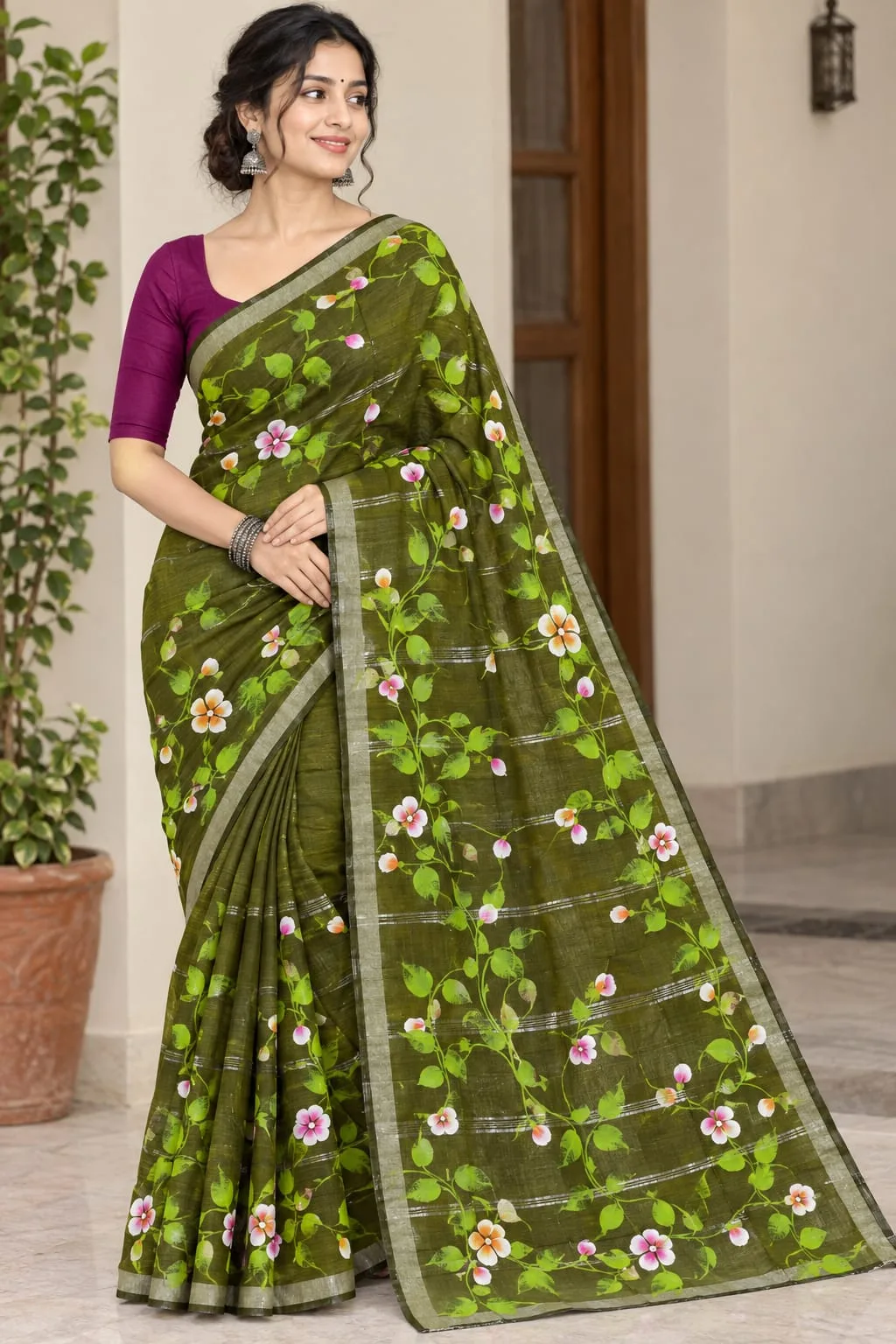 Hand-Painted Handloom Saree – Traditional Festive Elegance - Green