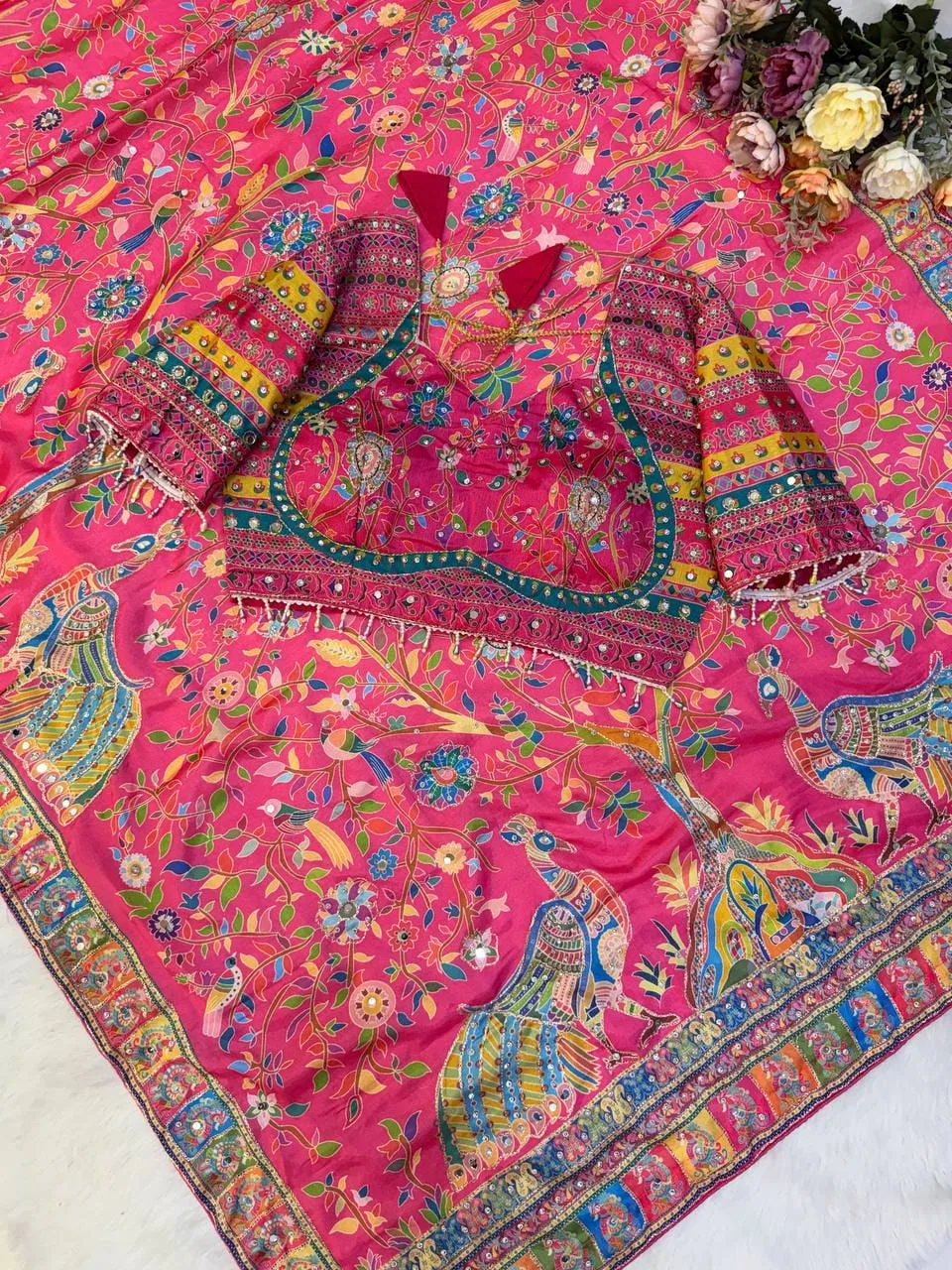Trending Premium Chinnon Designer Saree with Real Mirror & Diamond Work - Design1