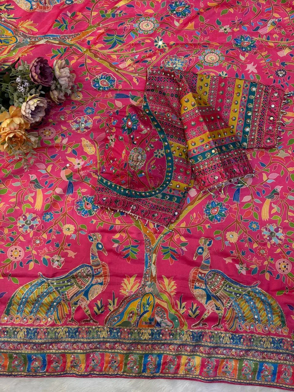 Trending Premium Chinnon Designer Saree with Real Mirror & Diamond Work - Design1