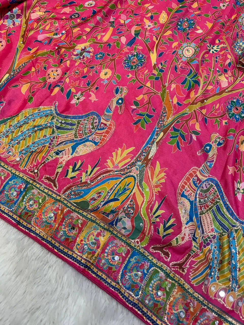 Trending Premium Chinnon Designer Saree with Real Mirror & Diamond Work - Design1