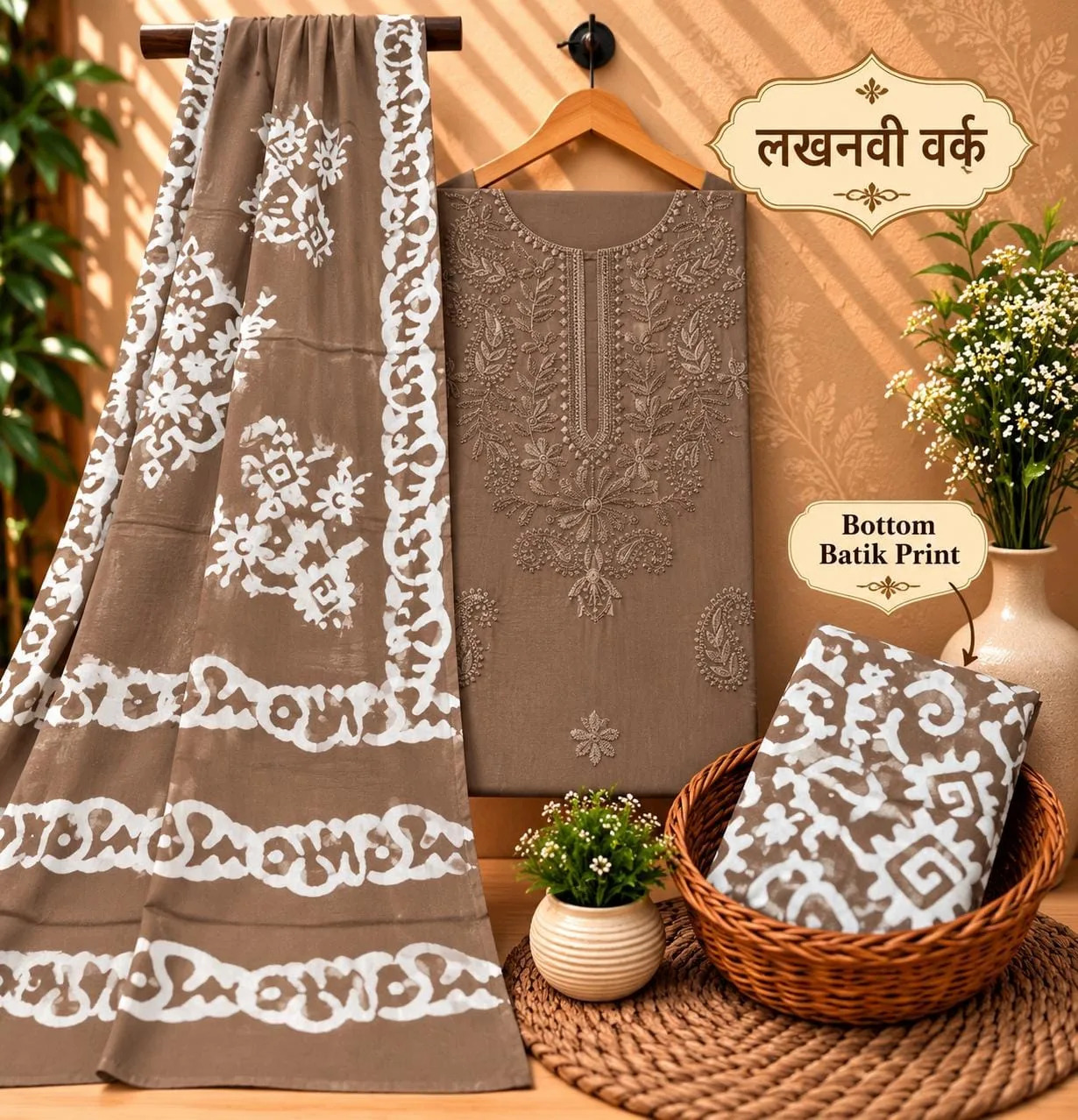 PURE COTTON 3-PIECE SUIT SET WITH NECK EMBROIDERY