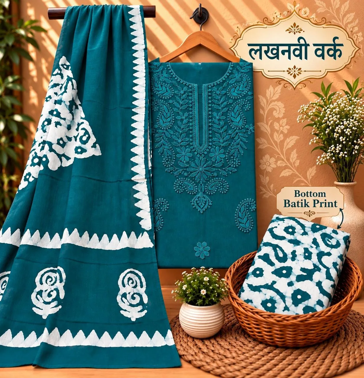 PURE COTTON 3-PIECE SUIT SET WITH NECK EMBROIDERY - Design7
