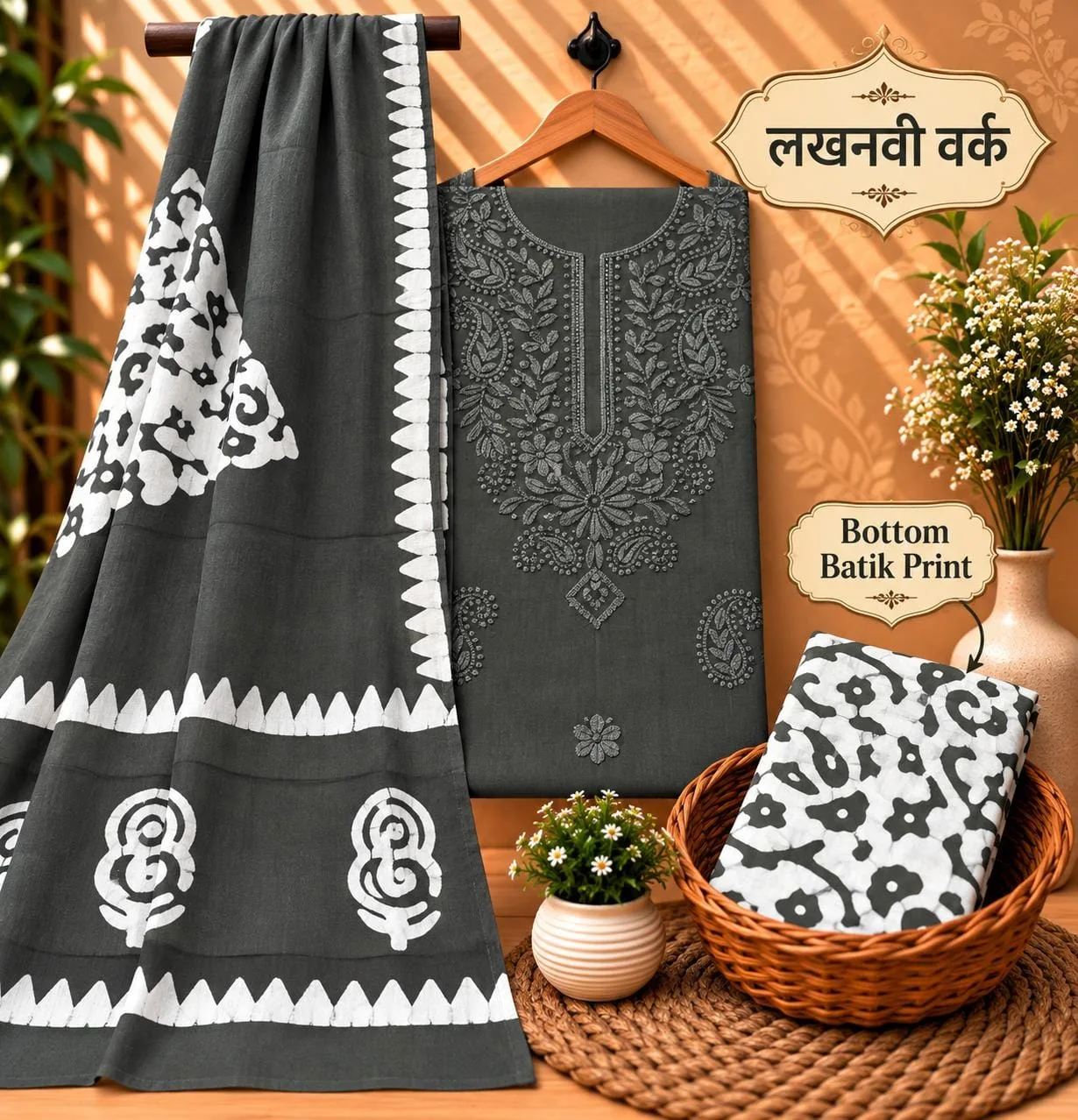 PURE COTTON 3-PIECE SUIT SET WITH NECK EMBROIDERY - Design10