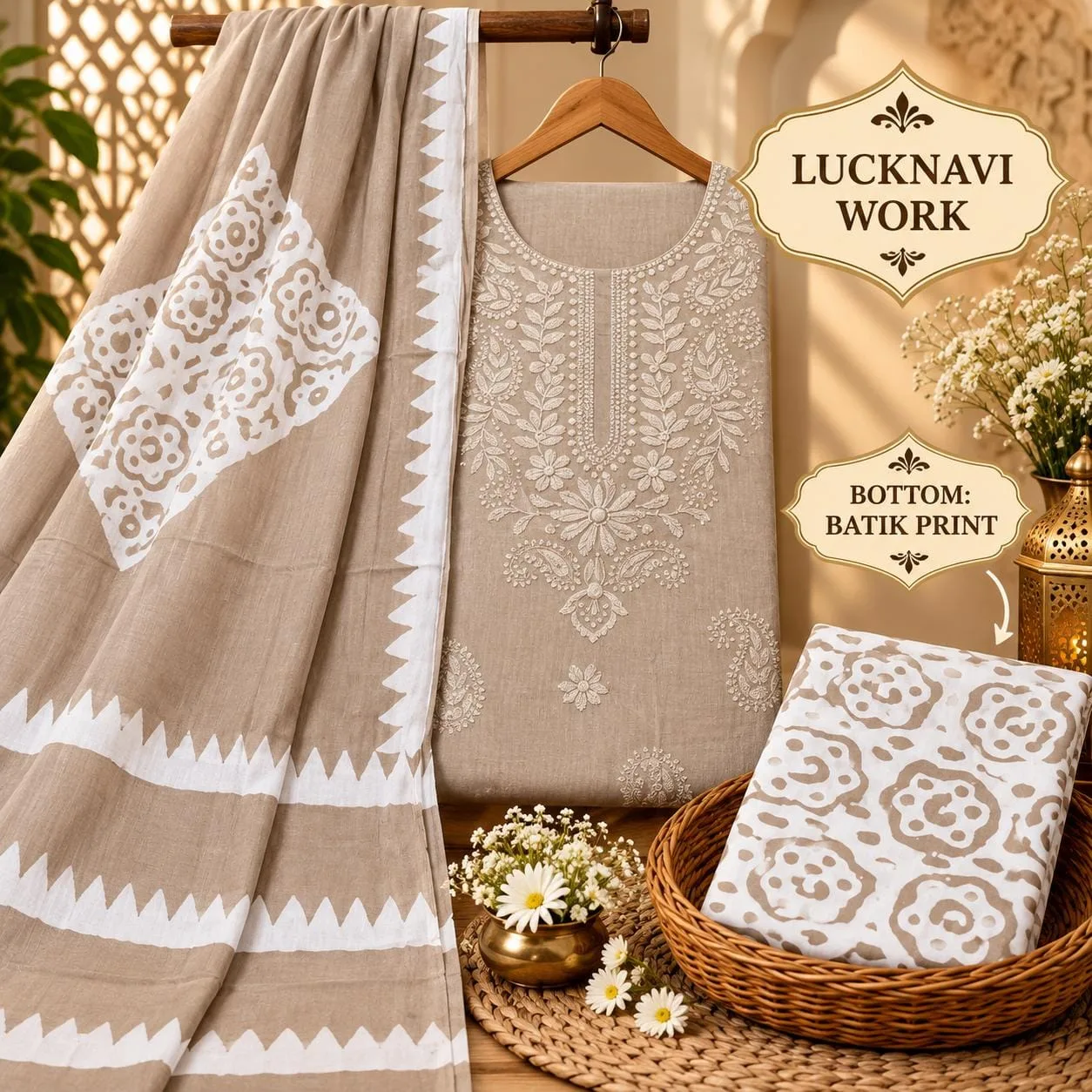 PURE COTTON 3-PIECE SUIT SET WITH NECK EMBROIDERY - Design12