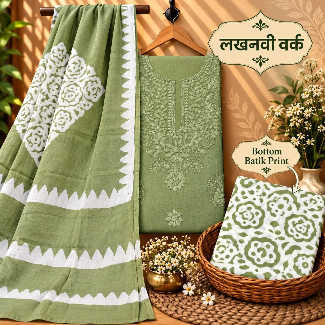 PURE COTTON 3-PIECE SUIT SET WITH NECK EMBROIDERY - Design13