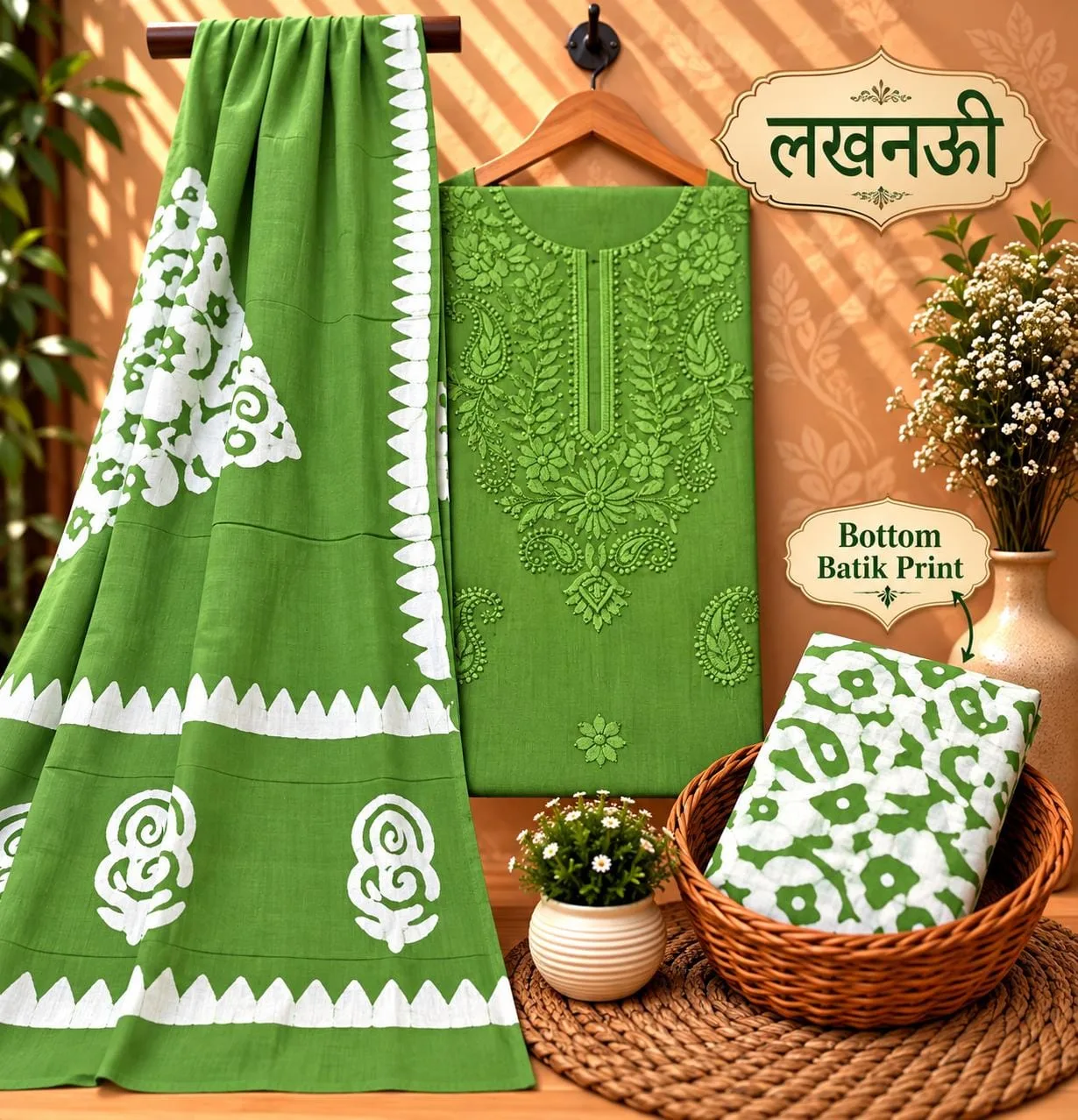 PURE COTTON 3-PIECE SUIT SET WITH NECK EMBROIDERY - Design15