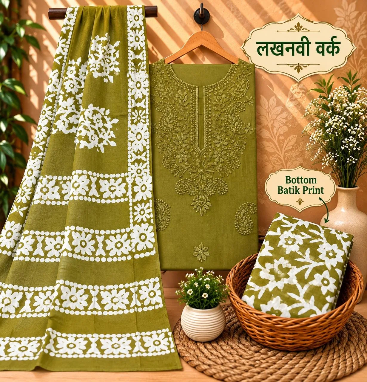 PURE COTTON 3-PIECE SUIT SET WITH NECK EMBROIDERY - Design16
