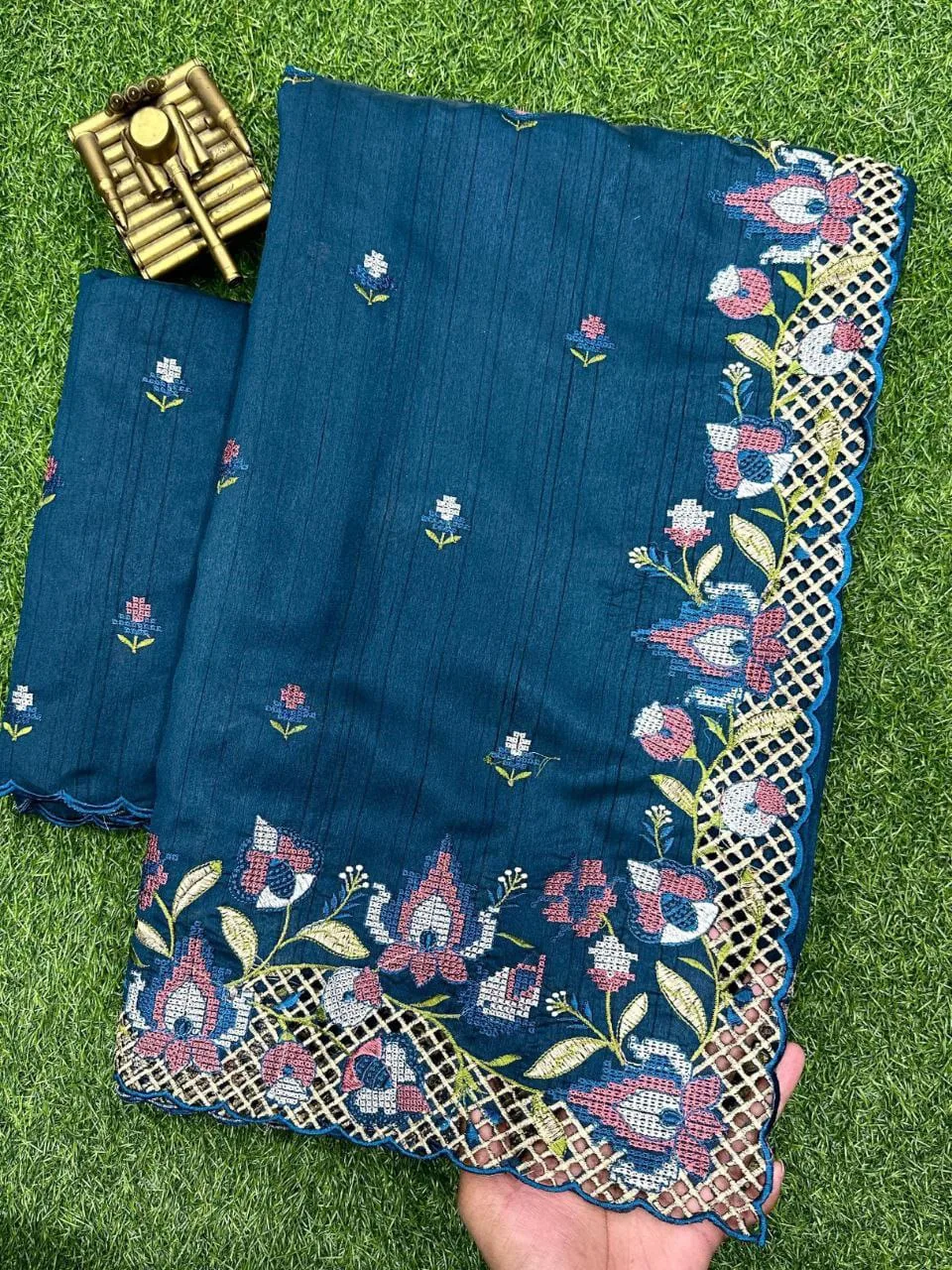 Premium Visca Slub Silk Saree with Embroidery & Cut Work - Blue