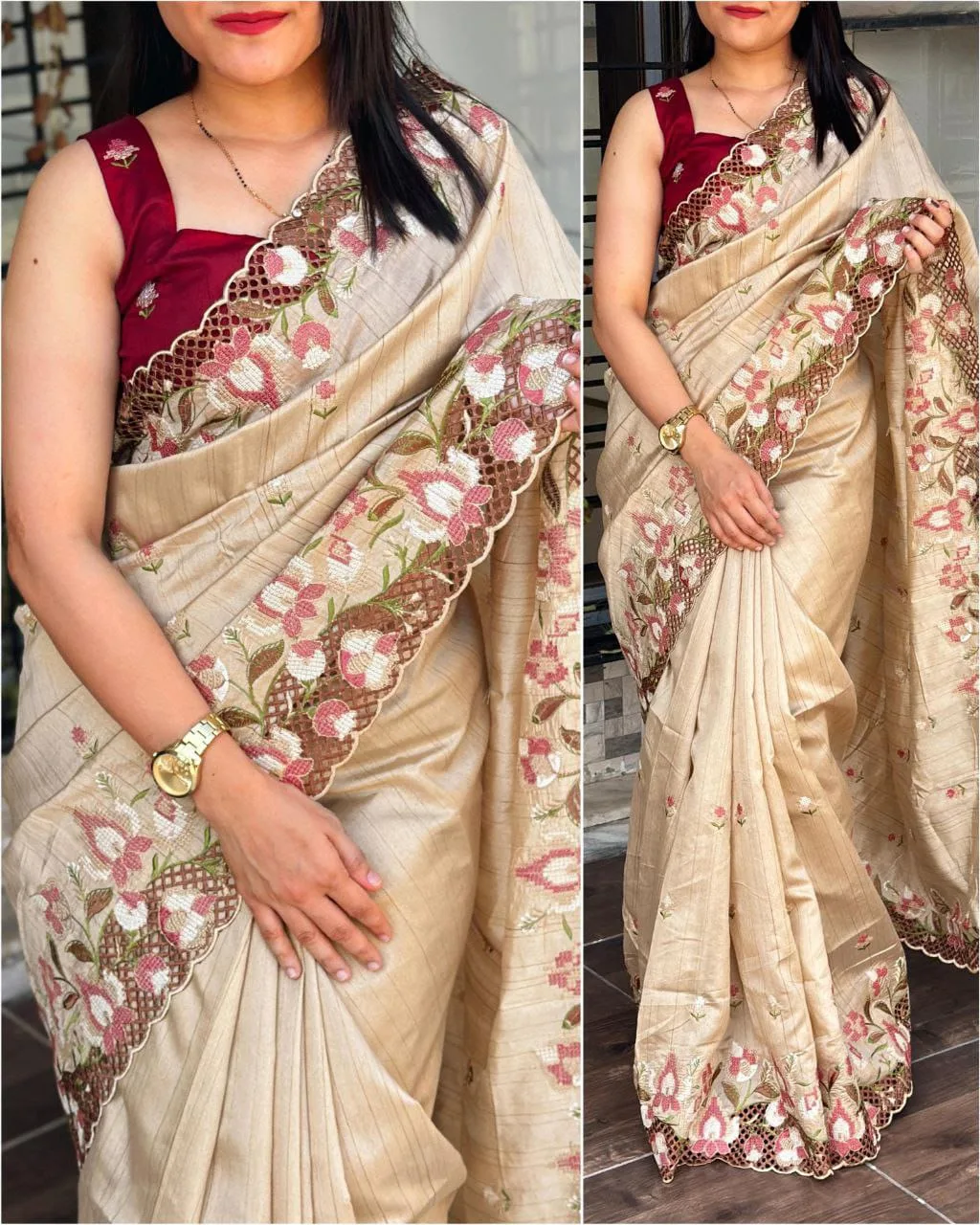 Premium Visca Slub Silk Saree with Embroidery & Cut Work - White