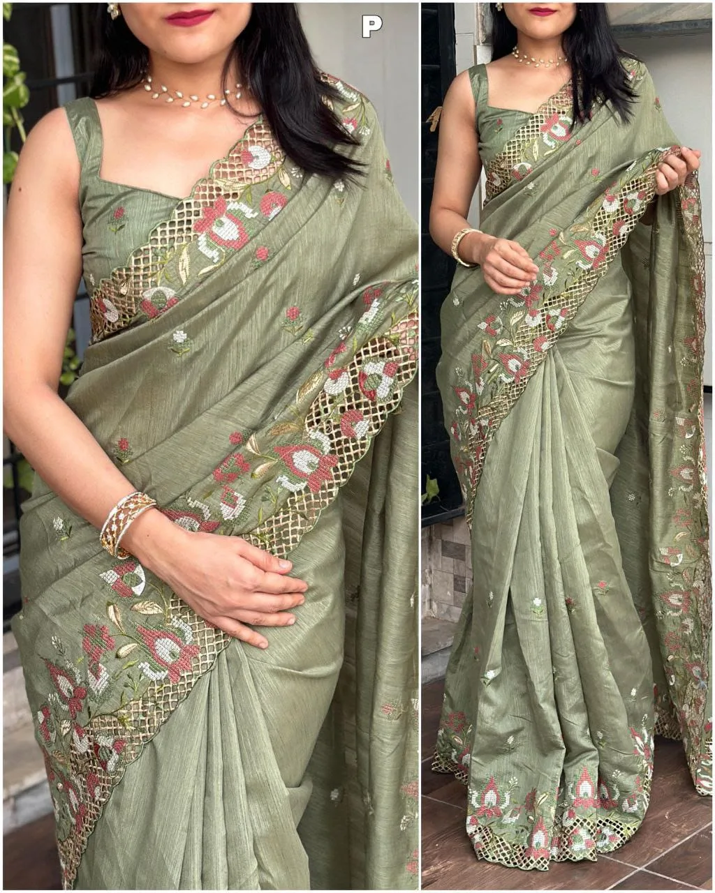 Premium Visca Slub Silk Saree with Embroidery & Cut Work - Greenish Grey