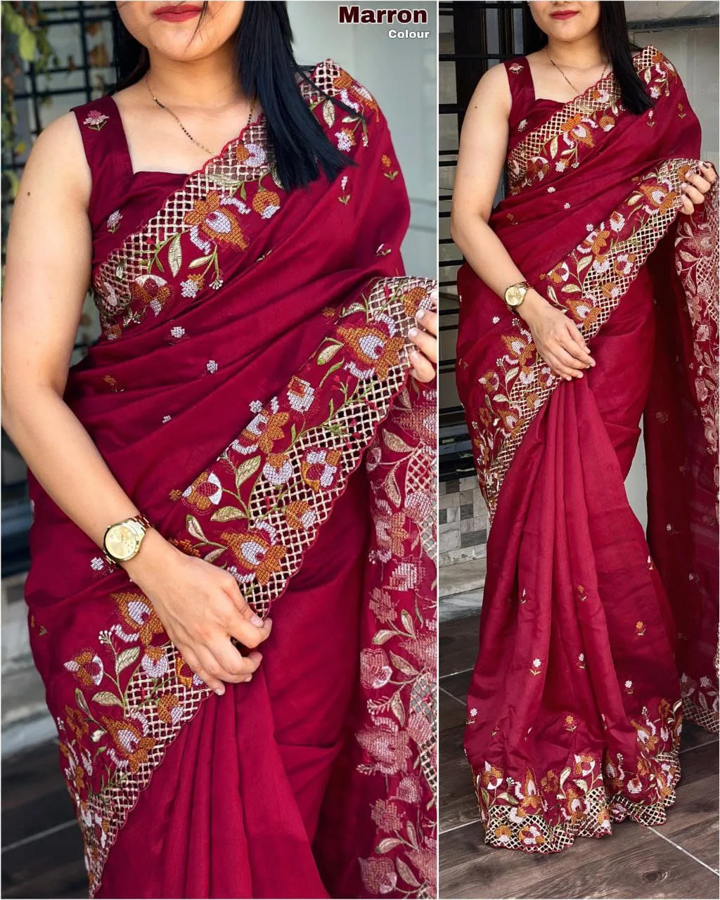 Premium Visca Slub Silk Saree with Embroidery & Cut Work - Maroon