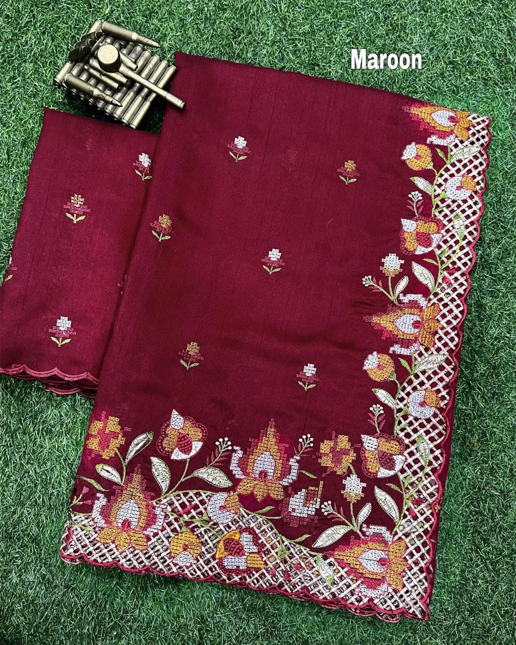 Premium Visca Slub Silk Saree with Embroidery & Cut Work - Maroon