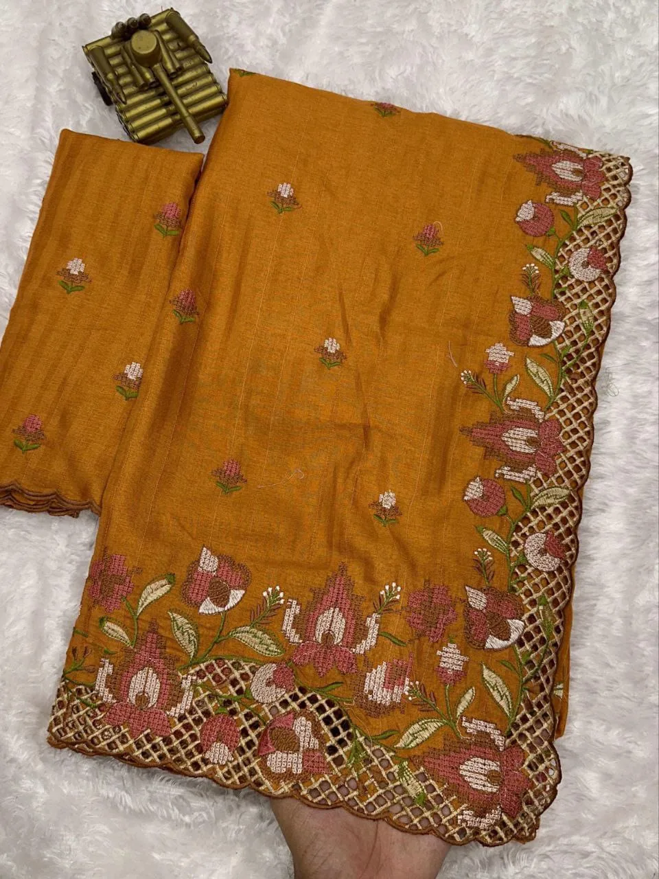 Premium Visca Slub Silk Saree with Embroidery & Cut Work - Rust