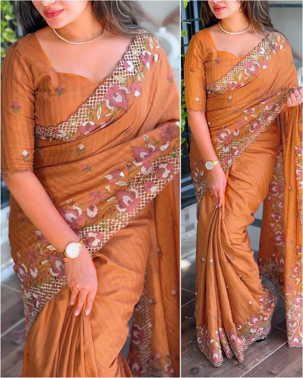 Premium Visca Slub Silk Saree with Embroidery & Cut Work - Rust