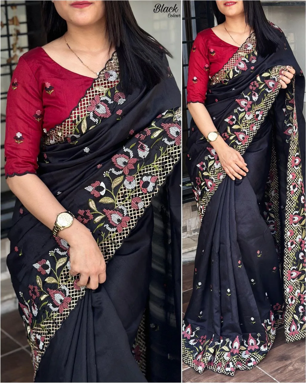 Premium Visca Slub Silk Saree with Embroidery & Cut Work - Black
