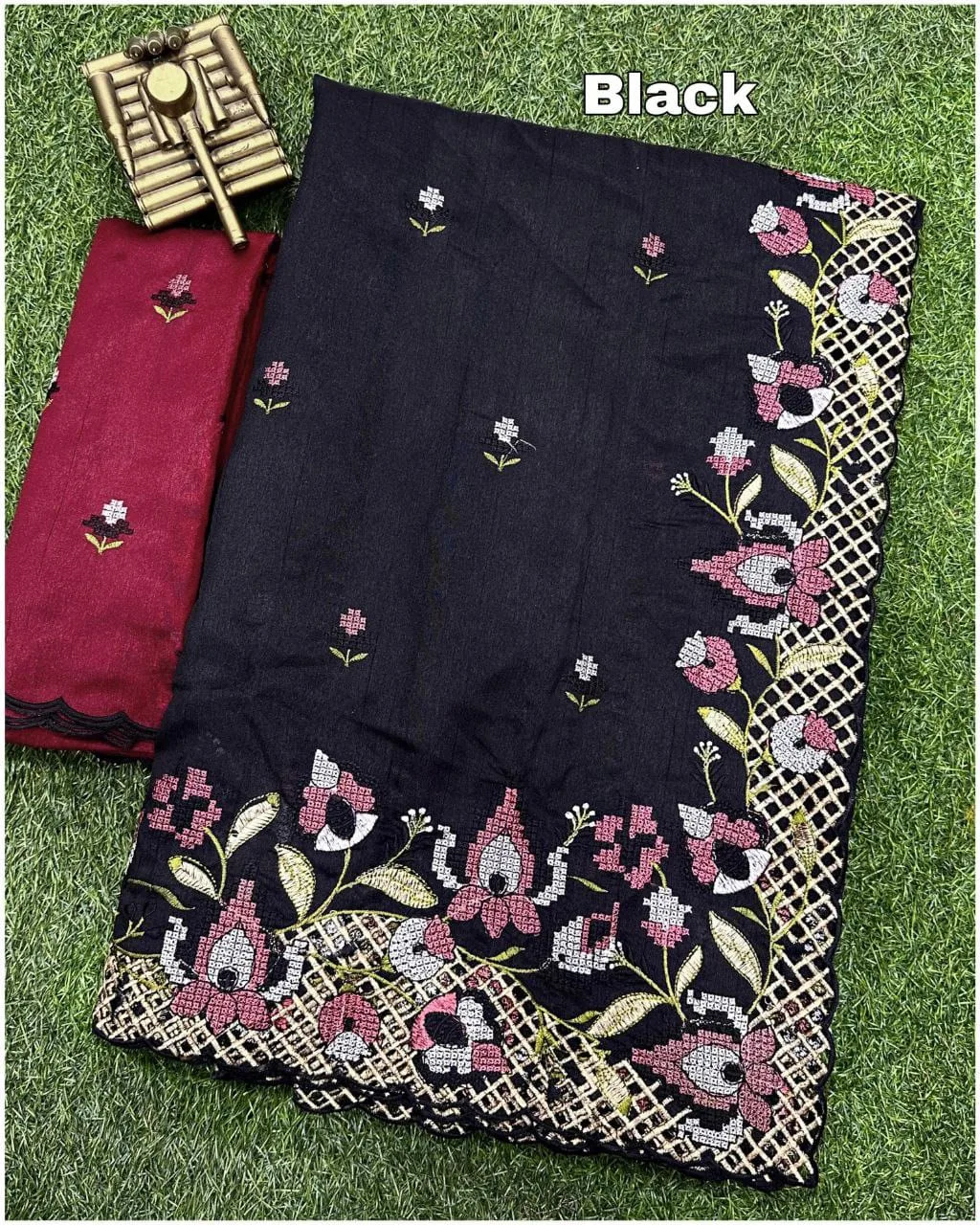 Premium Visca Slub Silk Saree with Embroidery & Cut Work - Black
