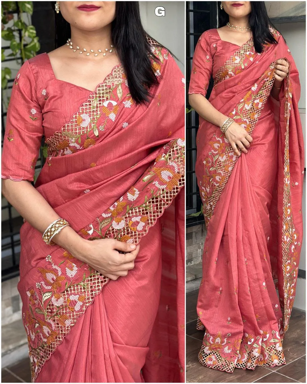 Premium Visca Slub Silk Saree with Embroidery & Cut Work - Peach