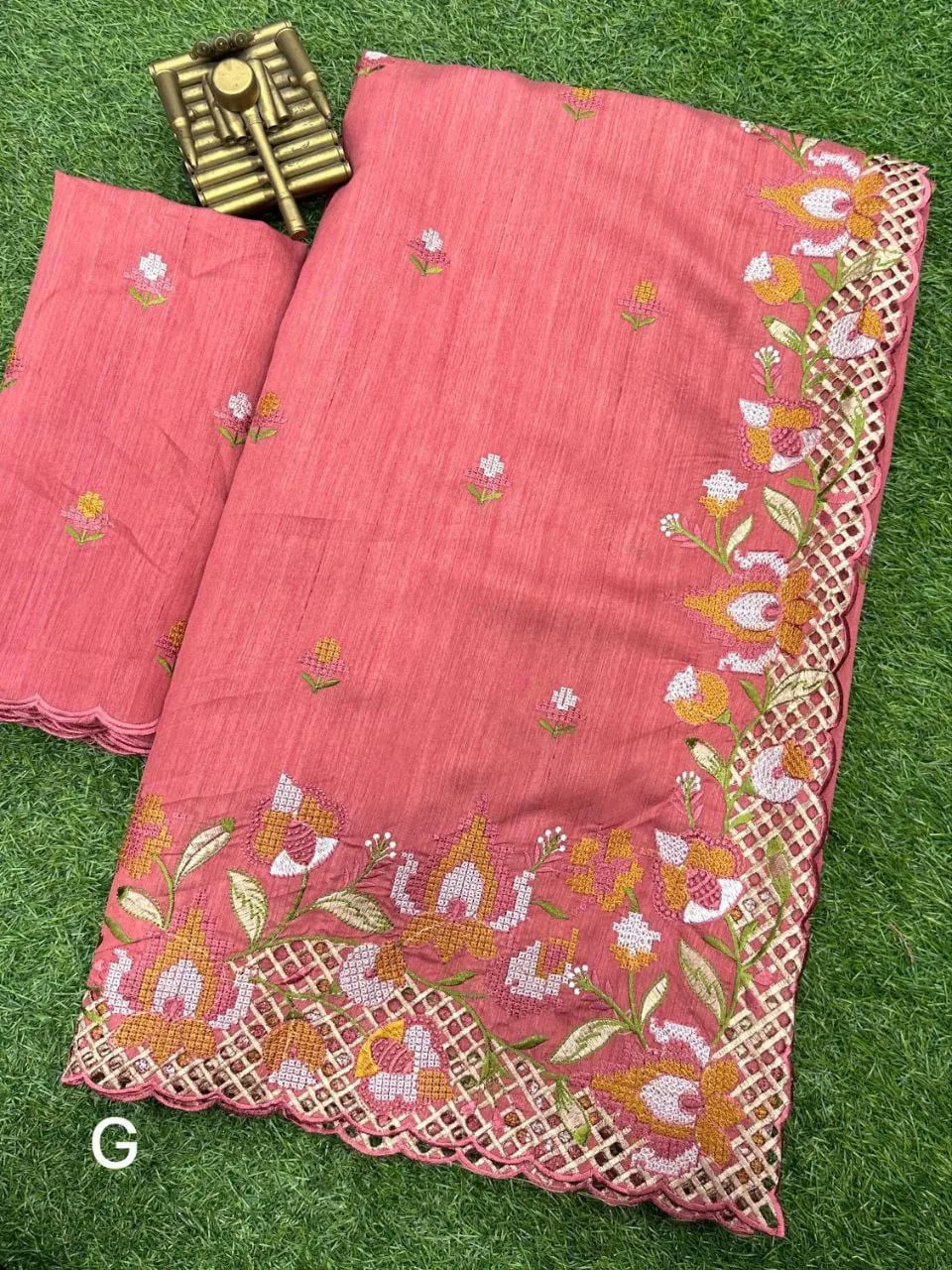 Premium Visca Slub Silk Saree with Embroidery & Cut Work - Peach