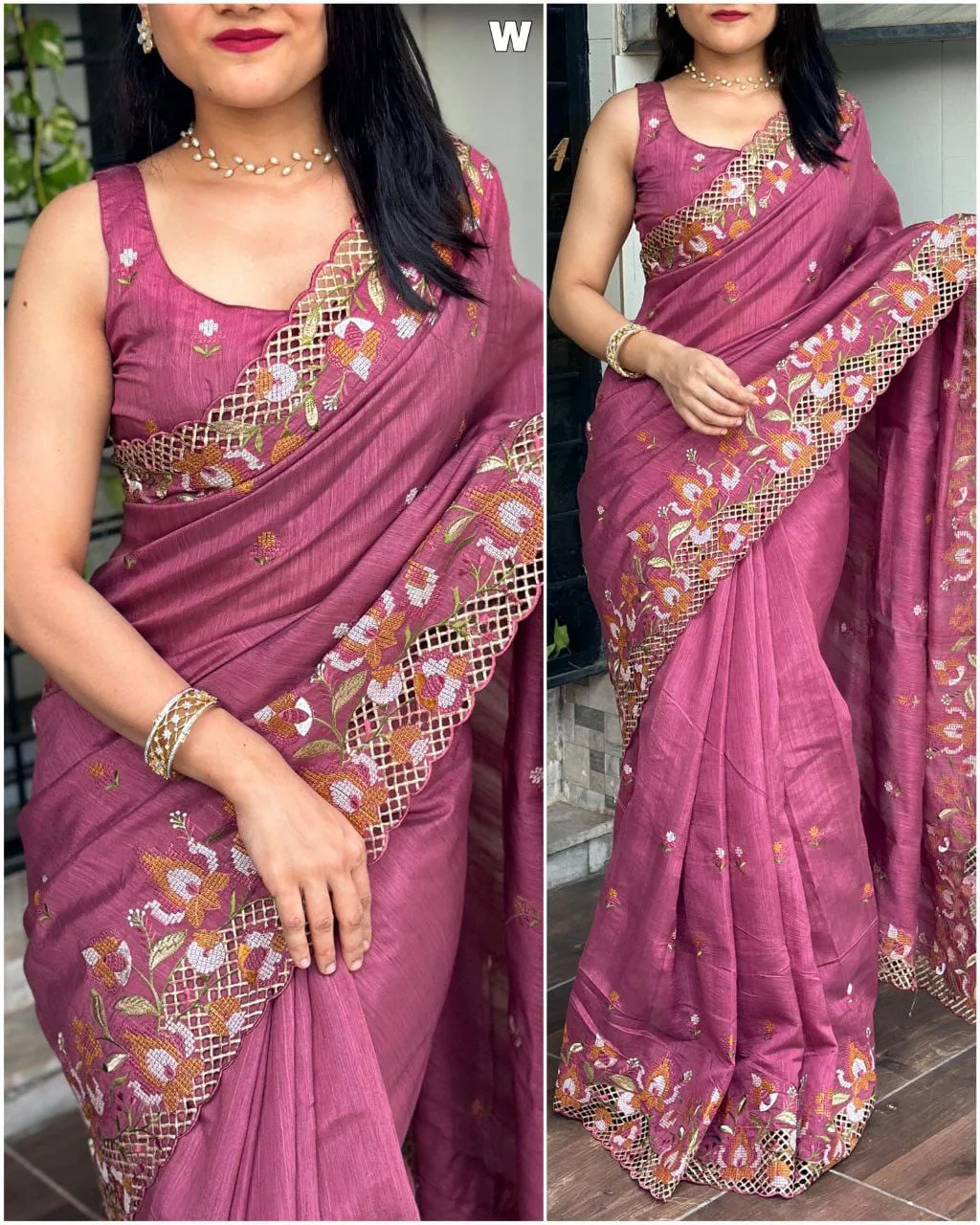 Premium Visca Slub Silk Saree with Embroidery & Cut Work - Violete