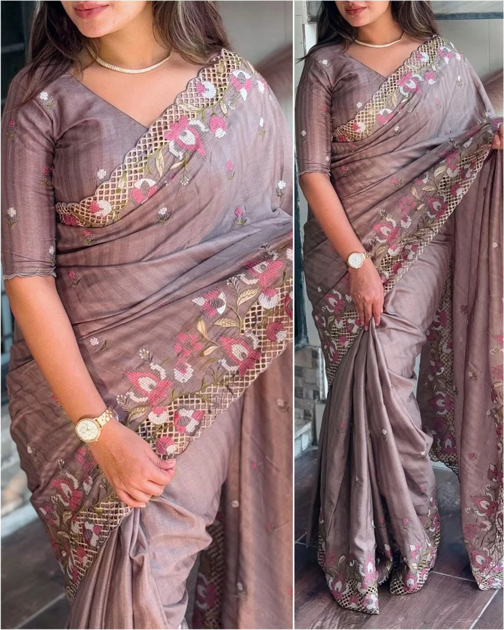 Premium Visca Slub Silk Saree with Embroidery & Cut Work - Grey