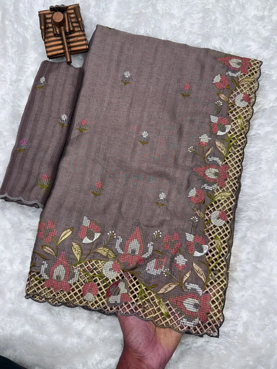 Premium Visca Slub Silk Saree with Embroidery & Cut Work - Grey