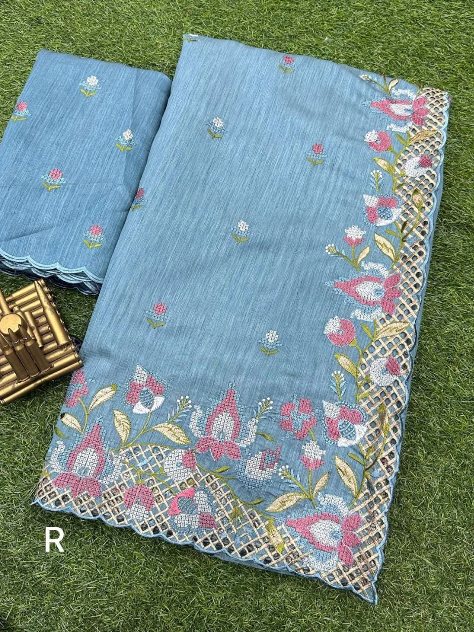 Premium Visca Slub Silk Saree with Embroidery & Cut Work - Sky